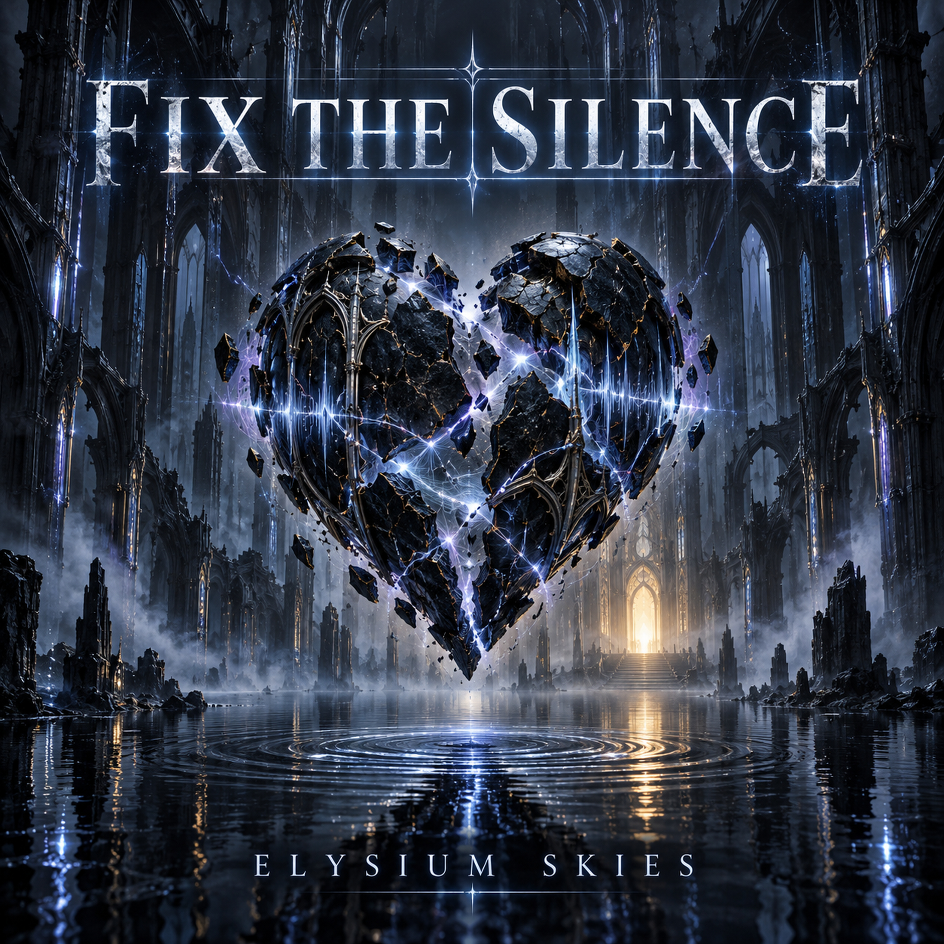 Fix the Silence single cover with a fractured glowing heart above a rain-darkened city