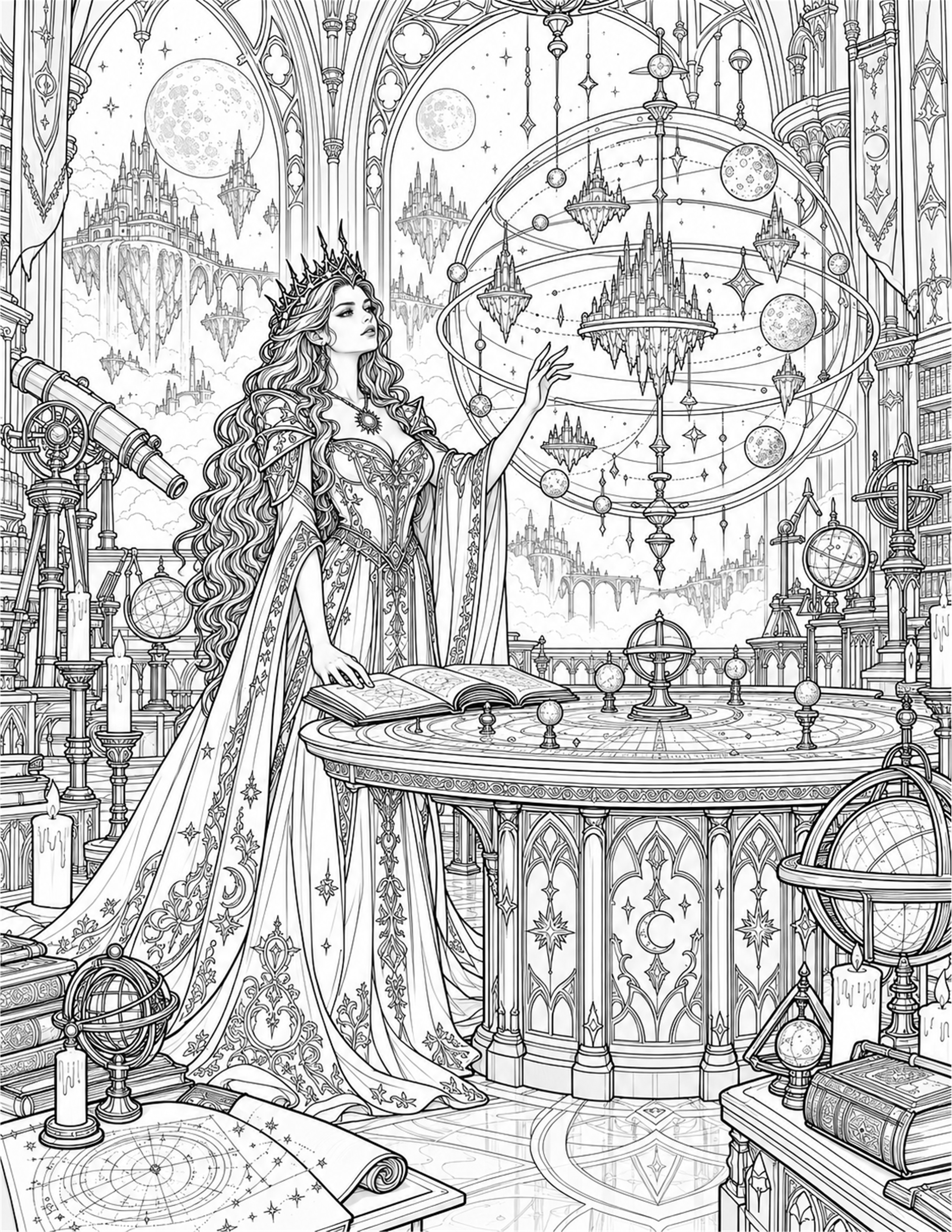 Detailed line artwork of the Dark Queen's observatory