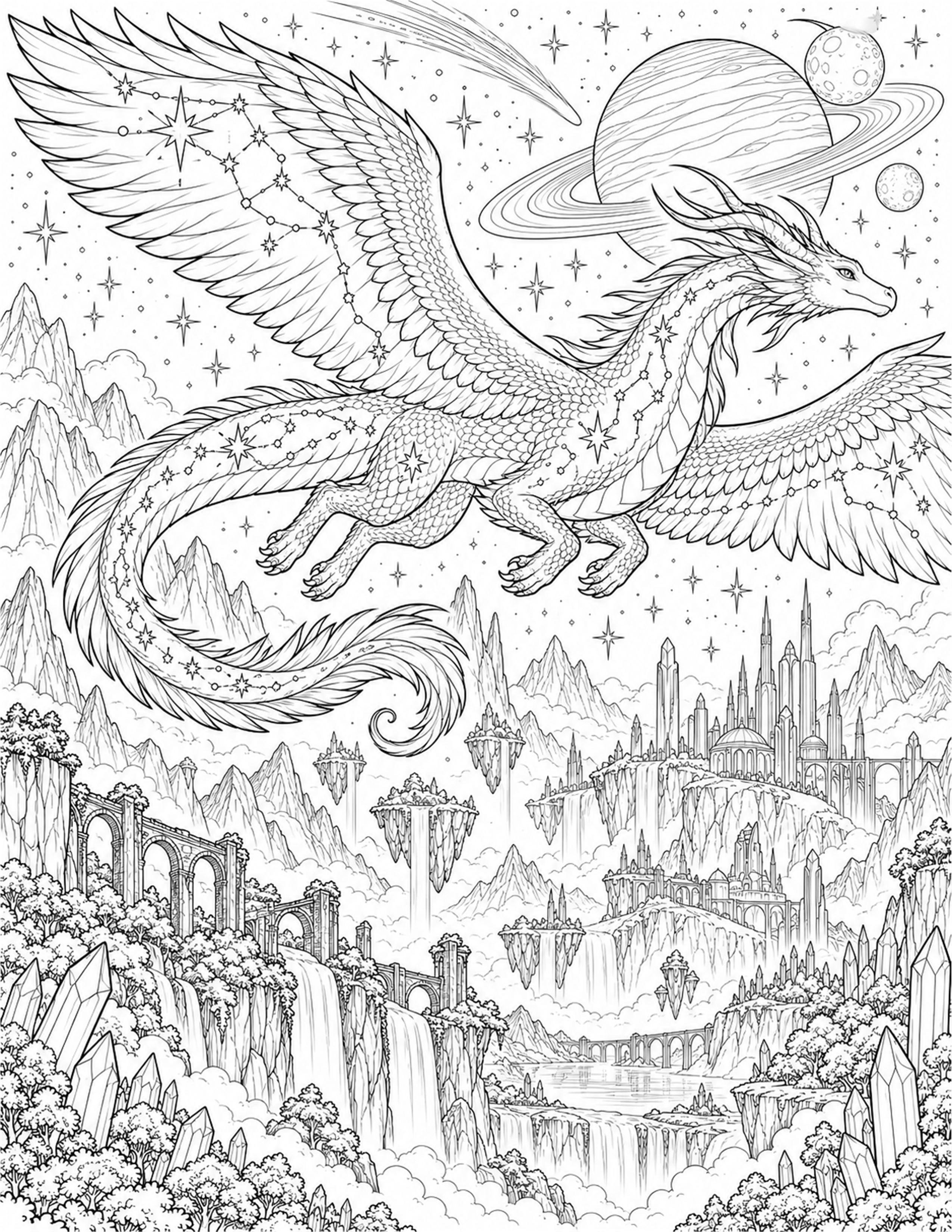 Detailed line artwork of the Dragon of Starlight