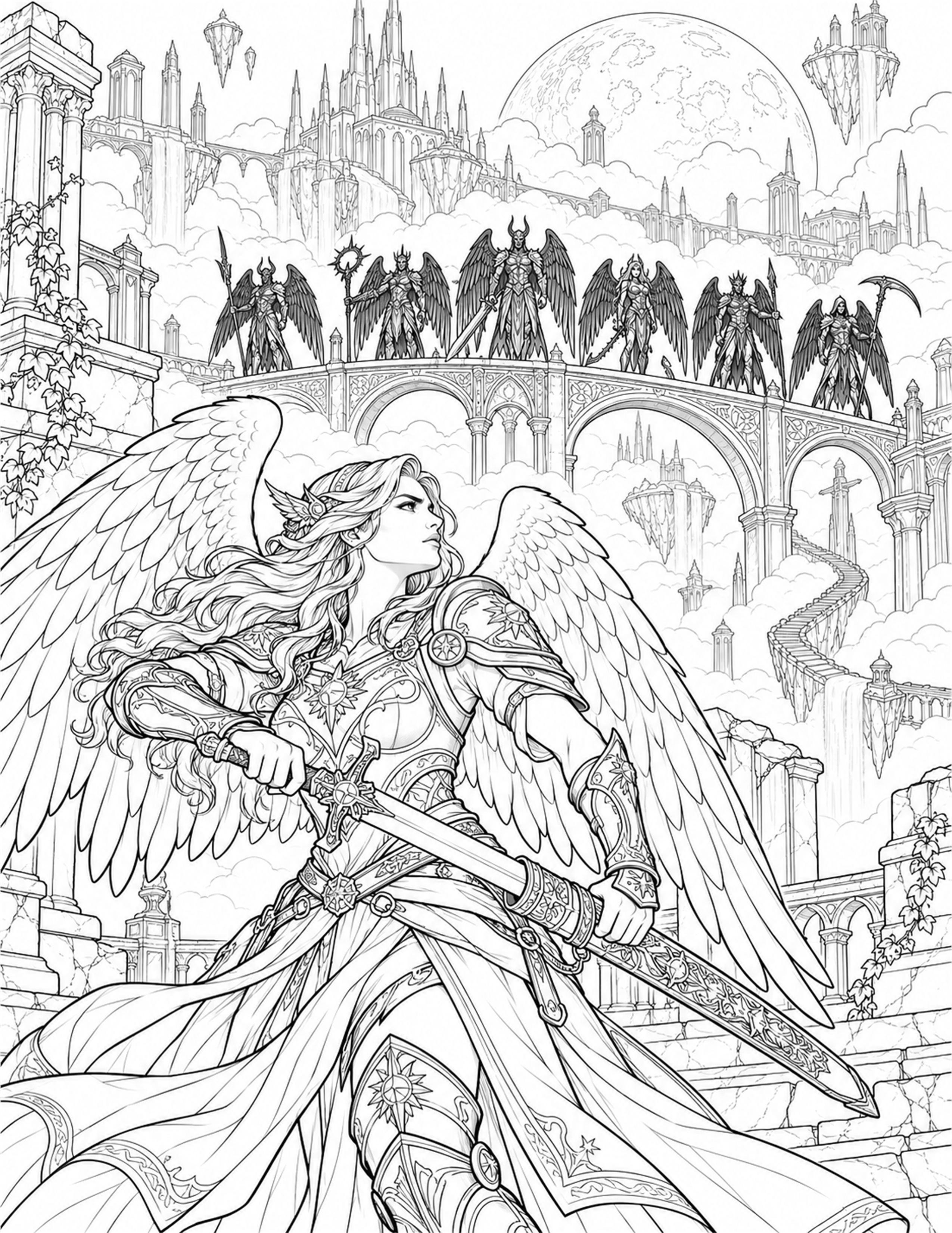 Detailed line artwork of an angel in the world of Elysium Skies